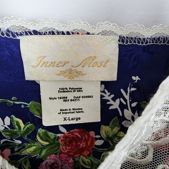 Vintage Inner Most Floral Satin Pajama Set Size XL Blue Lace Trim Chemise Shorts - Picture 14 of 16